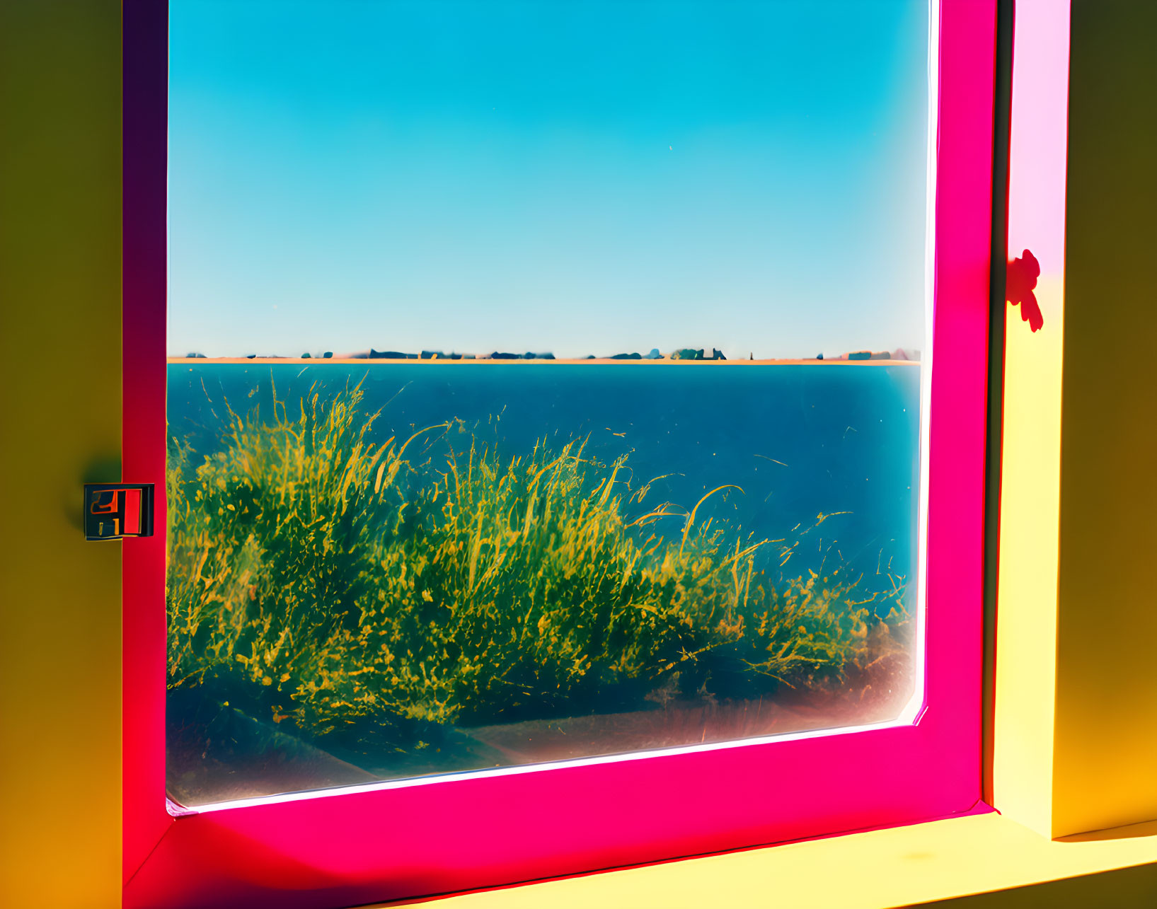 Vibrant interior window frame overlooking sunny field and blue sky