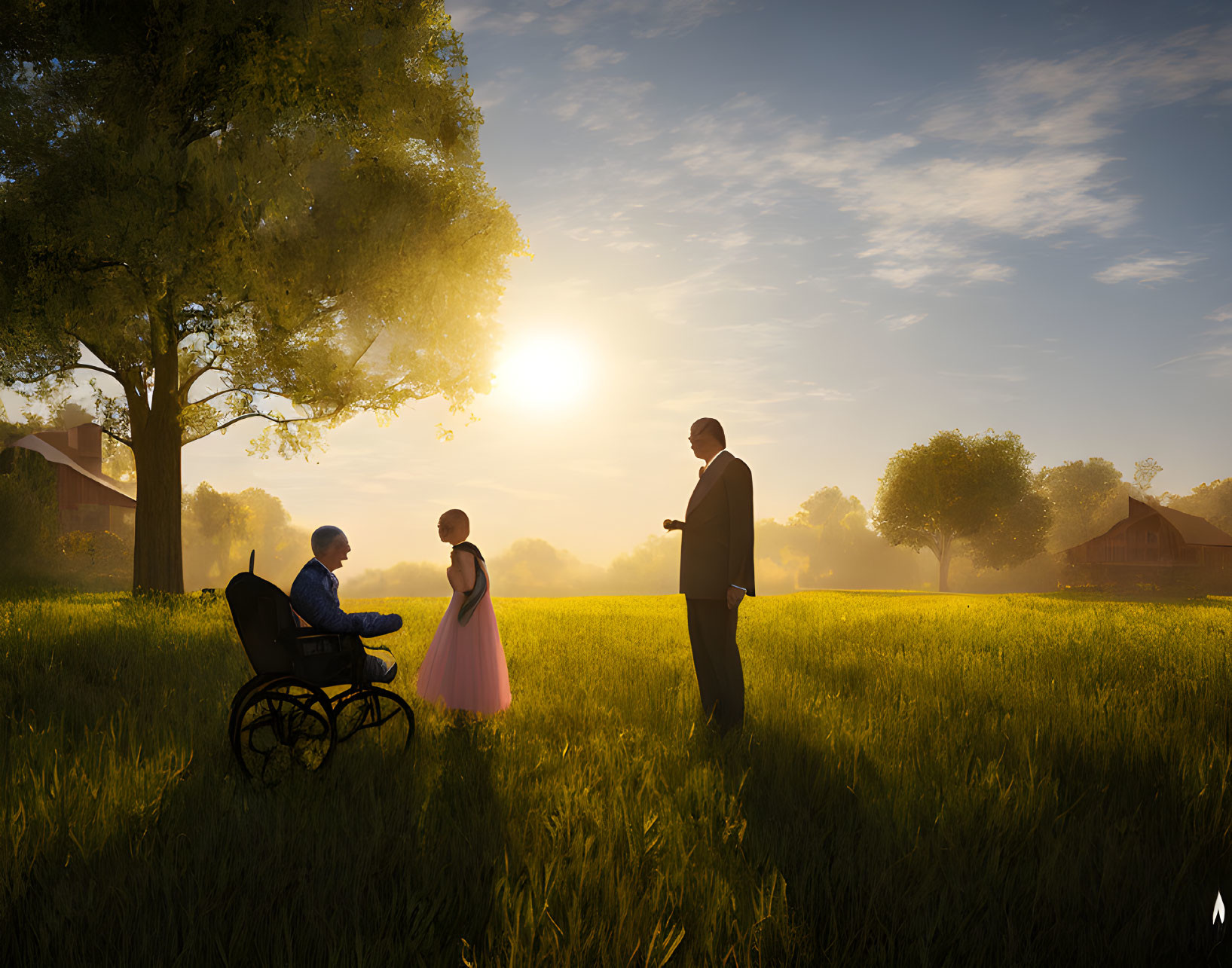 Serene sunrise field conversation with individual in wheelchair