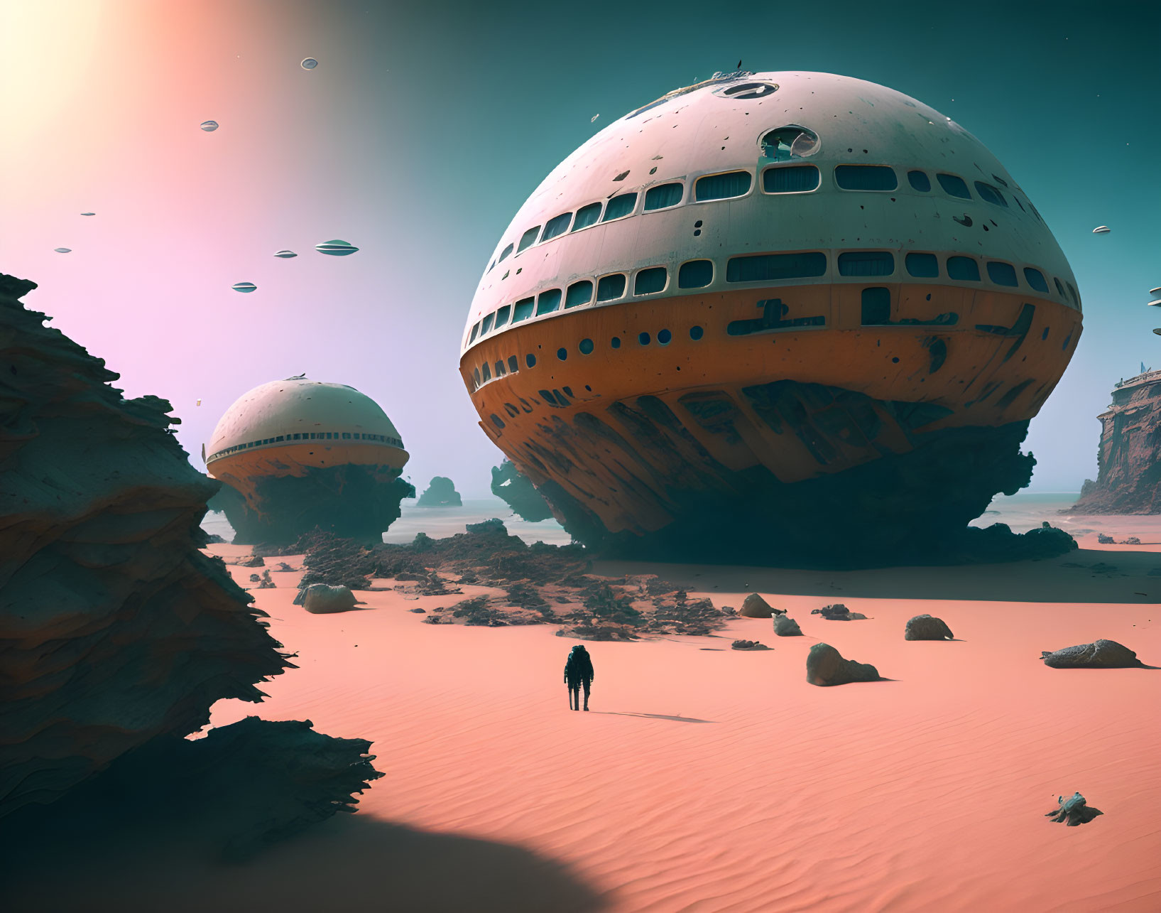 Desert landscape with abandoned spherical structures under pink sky