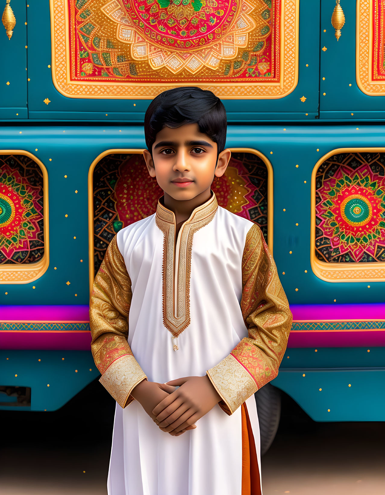 Traditional Attire Boy Poses by Intricately Decorated Truck