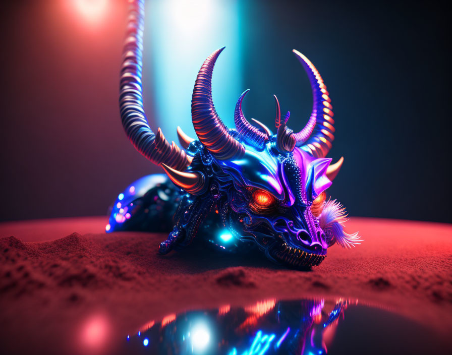 Elaborate Dragon Mask with Glowing Blue Eyes and Horns on Red and Blue Background