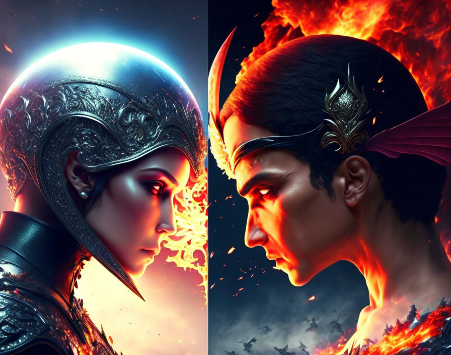 Split image of female warrior and male figure in dramatic fantasy backdrop