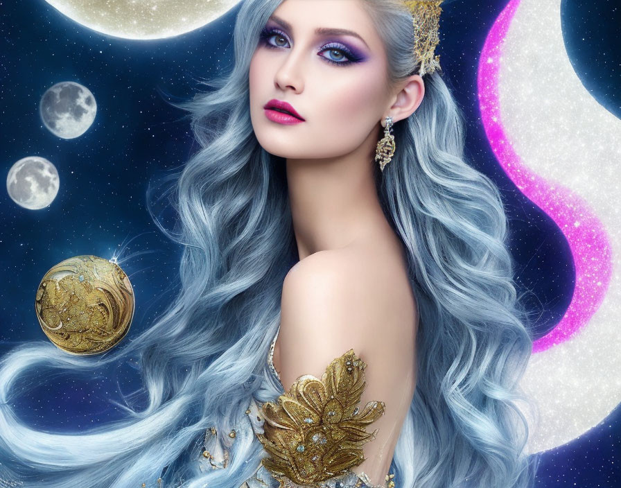 Blue-haired woman in celestial setting with moons, stars, and cosmic glitter.