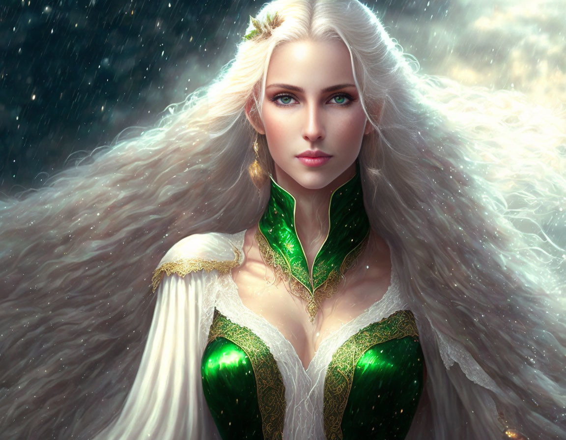 Illustration of woman with long white hair and blue eyes in green dress on snowy background