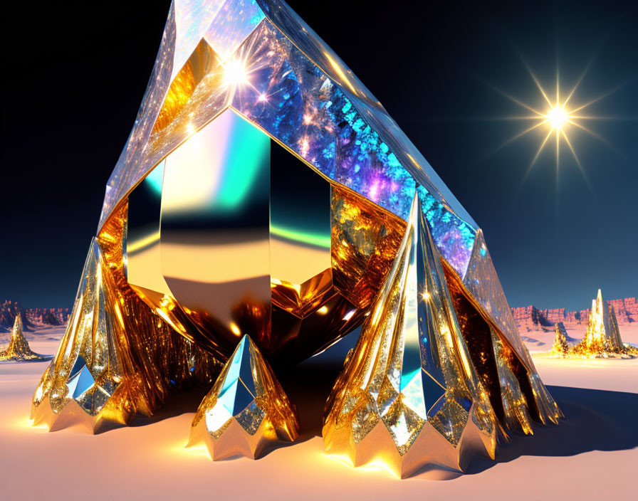 Abstract Crystal Structure with Gold and Blue Facets in Snowy Landscape