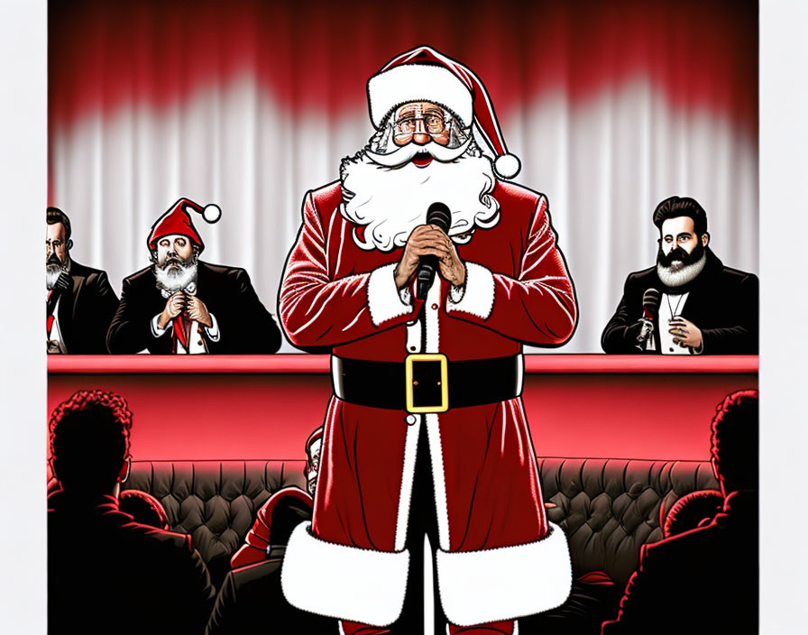 Santa Claus in Red Suit on Stage with Comedic Talent Show Vibe