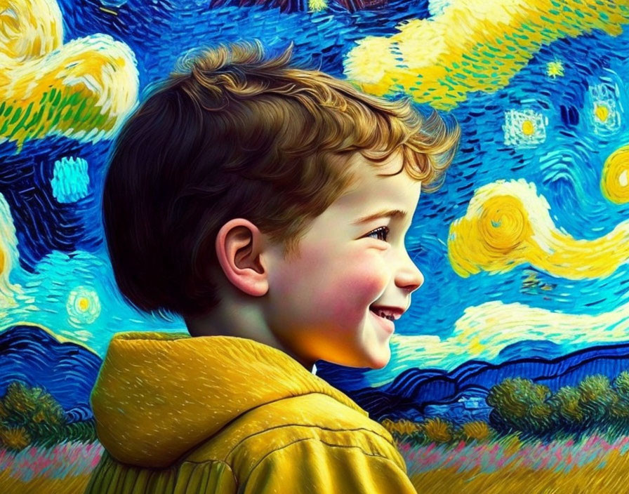 Child in Yellow Jacket on Van Gogh-style Starry Night Background