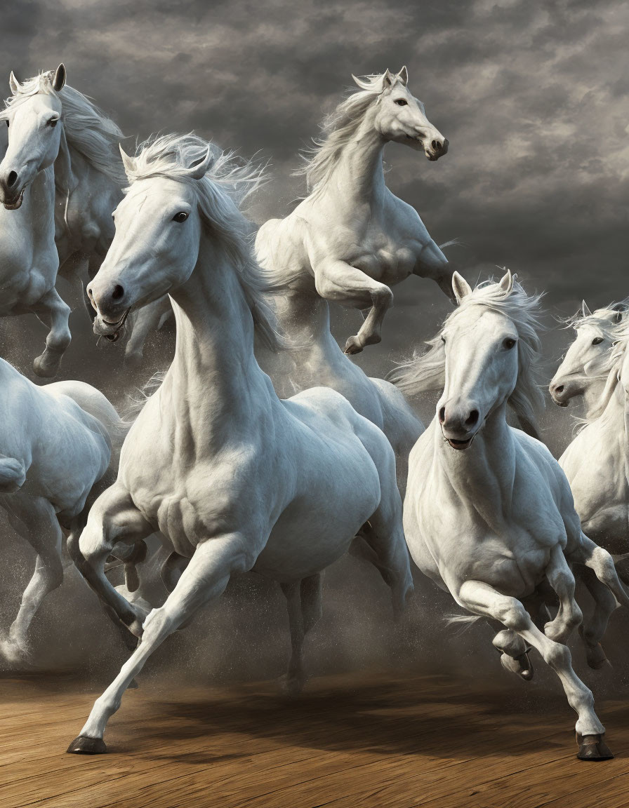 White Horses Galloping Under Dramatic Cloudy Sky