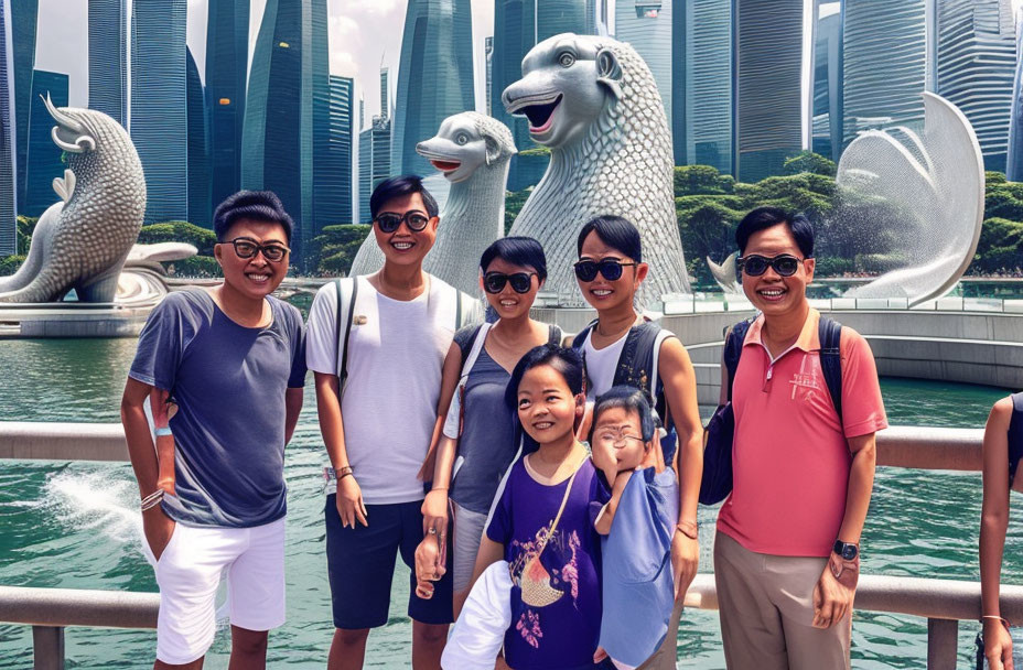 Tourists posing at iconic Merlion statues in Singapore.