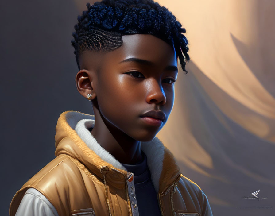 Digital portrait of young person with stylized hair in jacket on soft brown backdrop