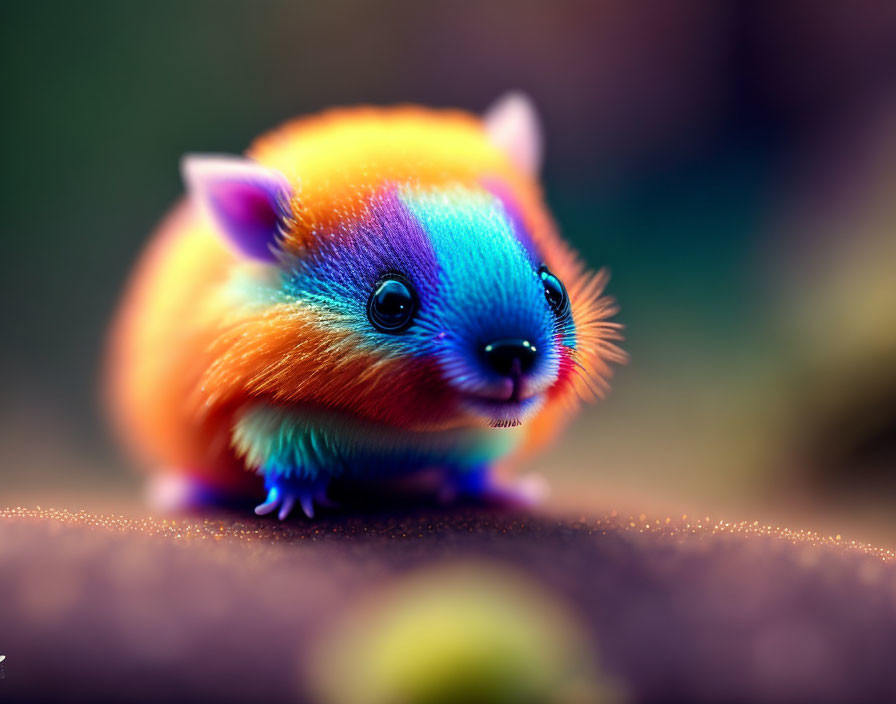 Colorful whimsical creature with bright blue, orange, and yellow fur and large shiny eyes