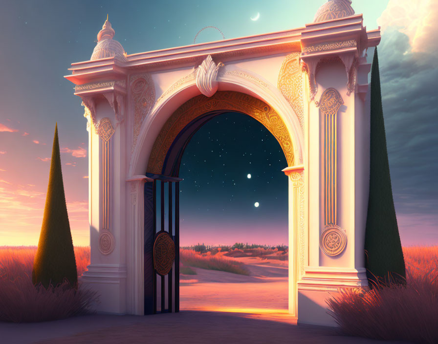 Ornate archway under starry desert sky with crescent moon