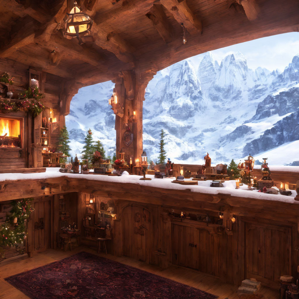 Rustic wooden cabin interior with festive decorations and snowy mountain view