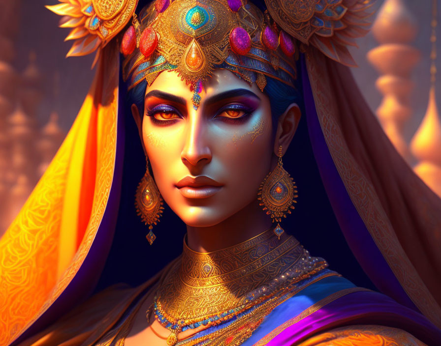 Regal Figure in Ornate Golden Headgear and Jewelry