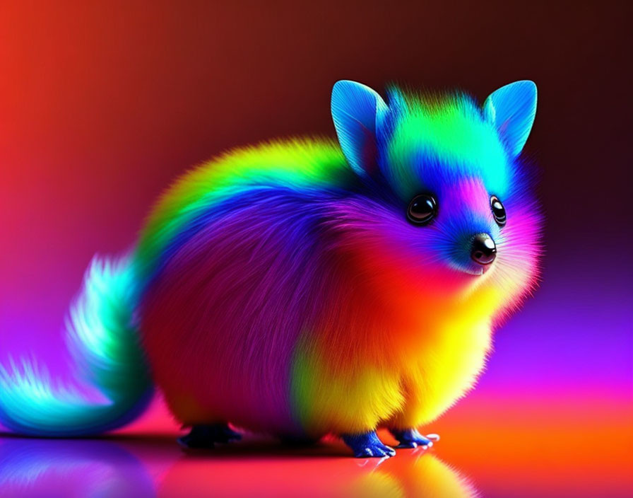 Colorful digital art of fluffy creature with neon rainbow tail