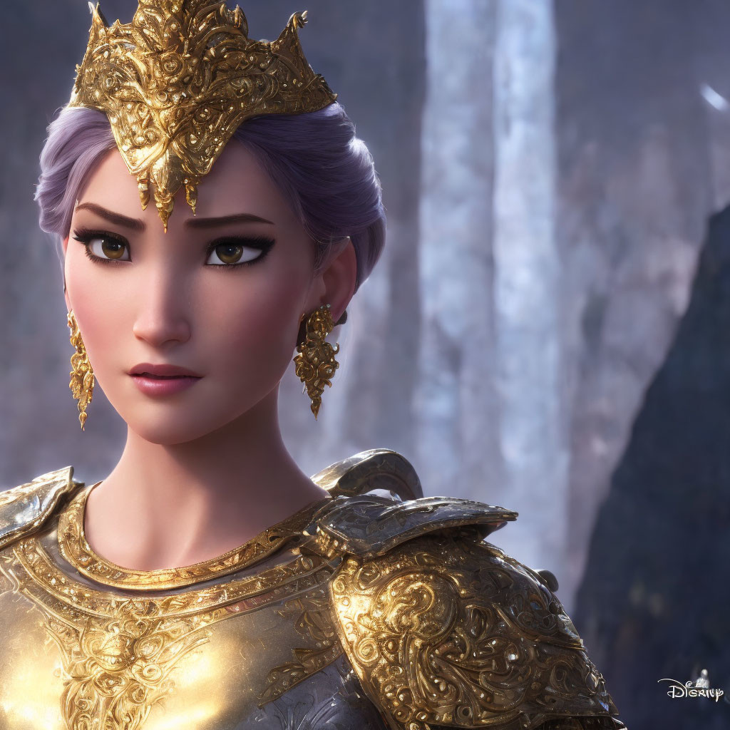 Purple-haired 3D character in golden armor and crown on rock backdrop