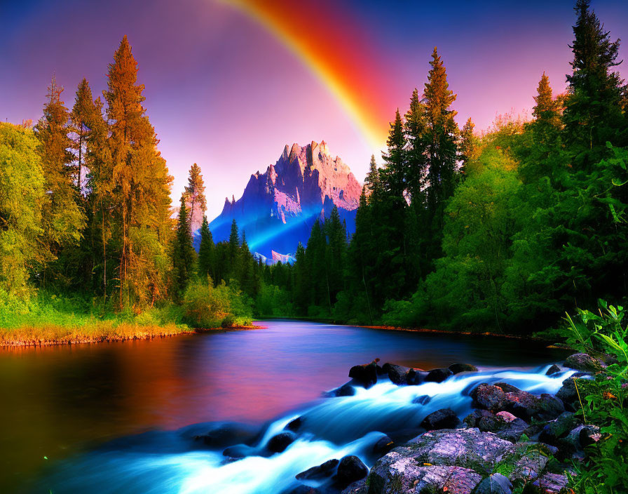 Colorful rainbow arching over mountain, forest, river at sunset