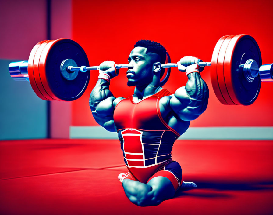 Athlete in red athletic wear lifting heavy barbell in squat position.