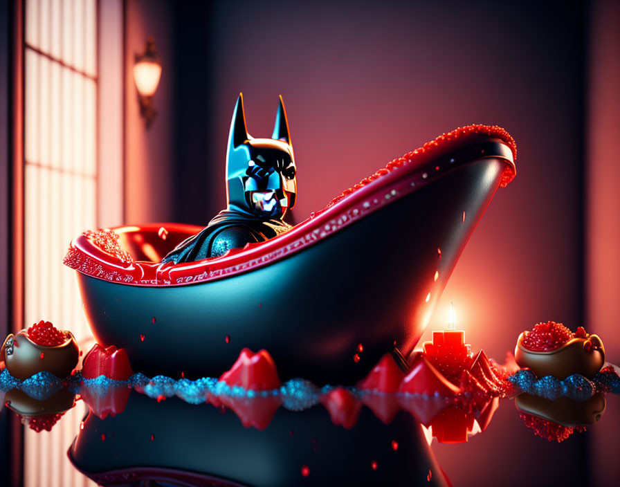 Animated Batman-like character in red and black boat with lanterns and candles