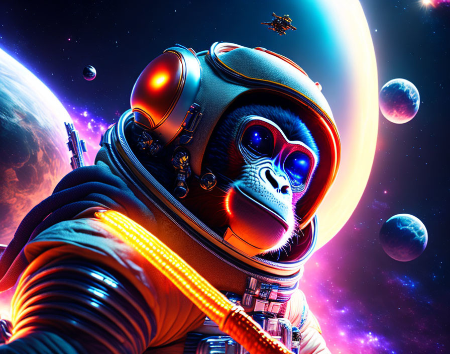 Chimpanzee astronaut in reflective visor against cosmic backdrop