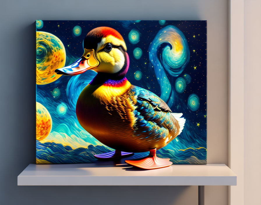 Colorful Duck with Cosmic Background Canvas Print on White Shelf