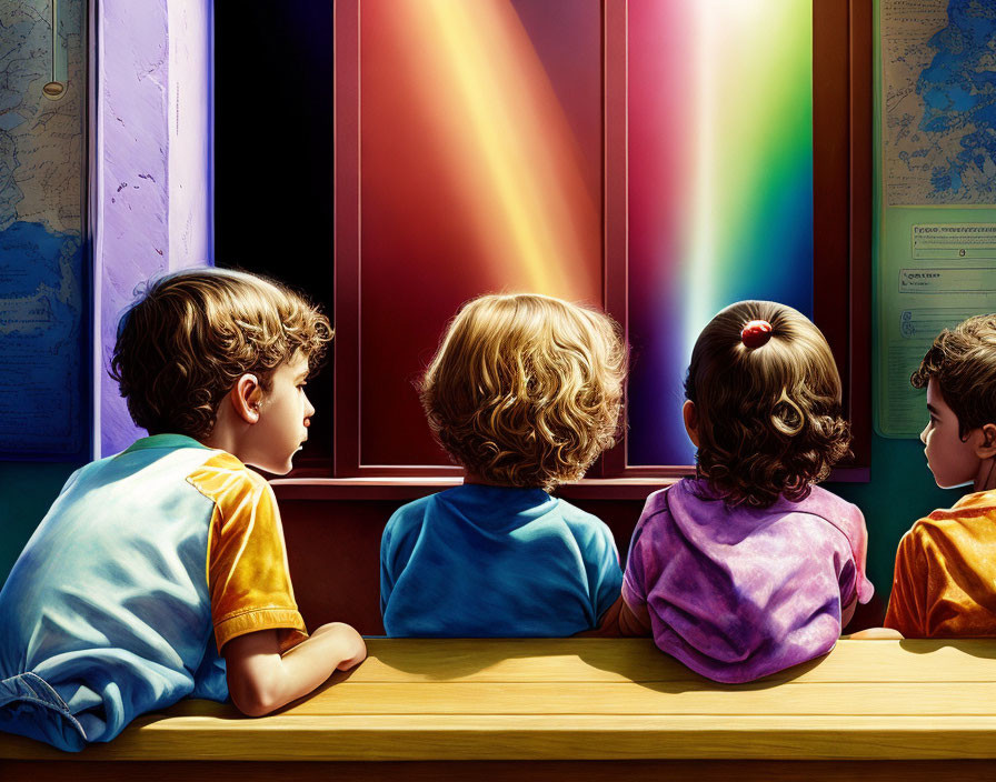 Four children marveling at colorful glass window with vibrant sunlight rays.