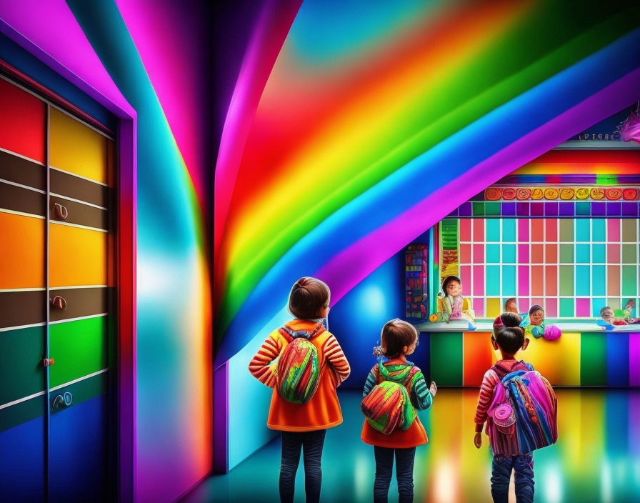 Children with backpacks in vibrant rainbow corridor.