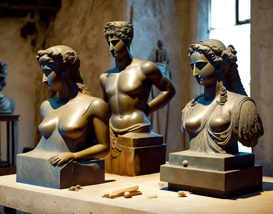 Bronze bust sculptures of women with classical hairstyles in art gallery display