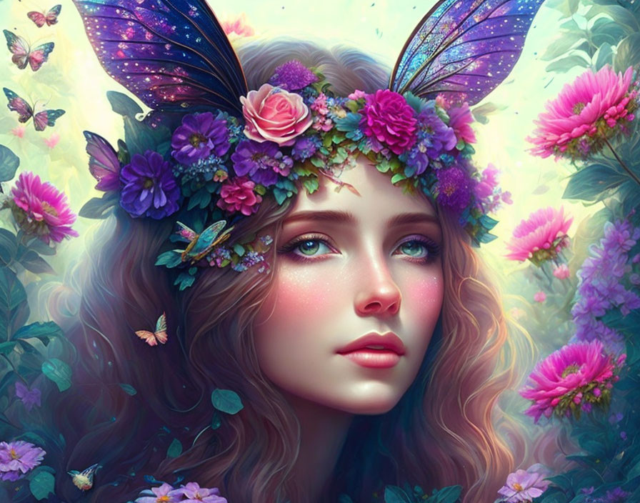 Fantasy digital artwork of a woman with butterfly wings and floral crown