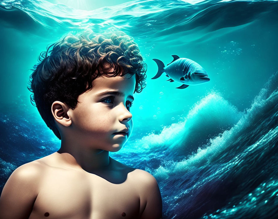 Child with Curly Hair Underwater Near Fish and Bubbles