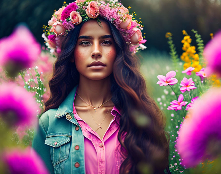 Woman with Long Wavy Hair in Floral Crown and Teal Jacket among Pink Flowers