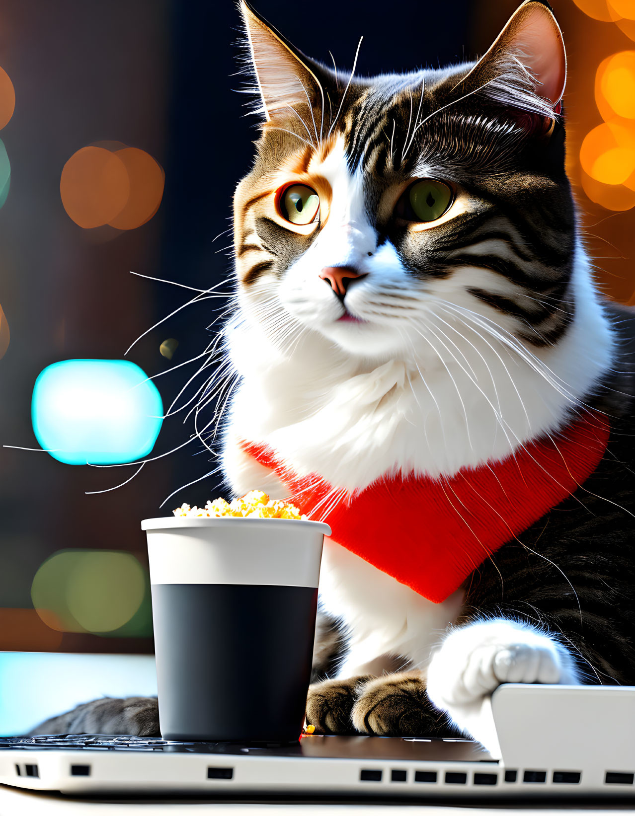 Tabby Cat with Red Scarf and Popcorn in Front of Laptop