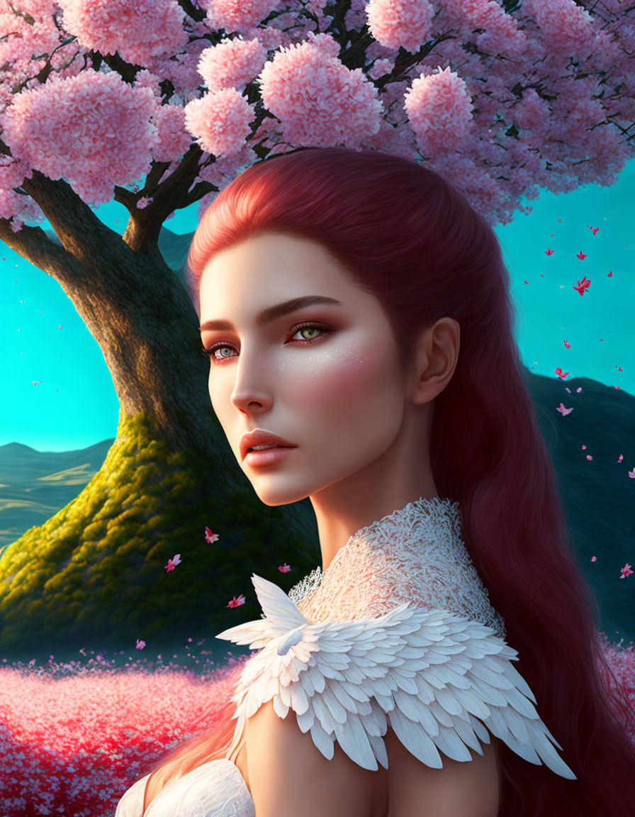 Fantasy illustration of woman with red hair in cherry blossom setting