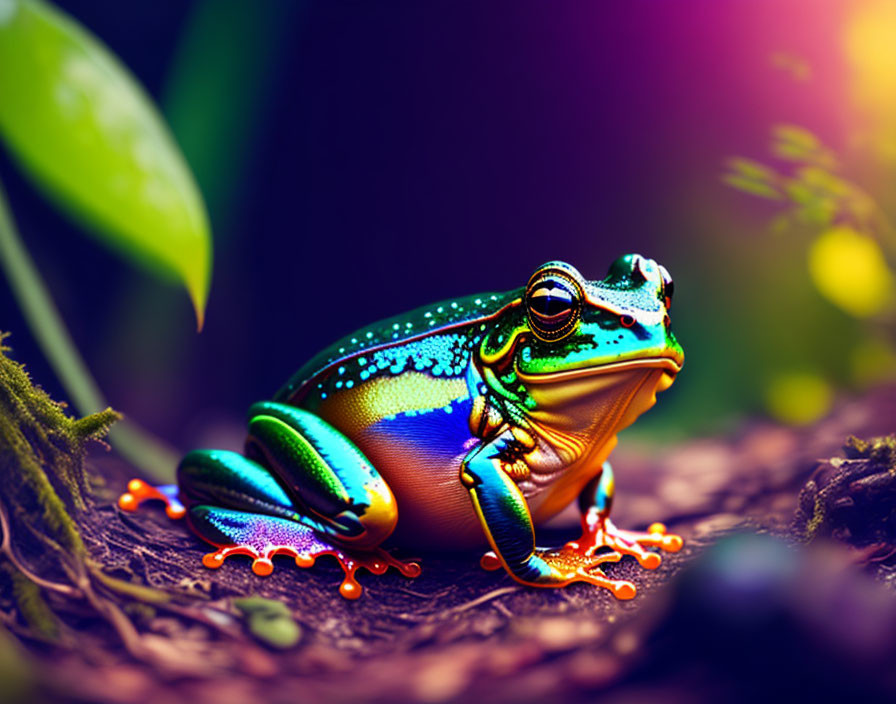 Vibrant colorful frog on branch in lush foliage