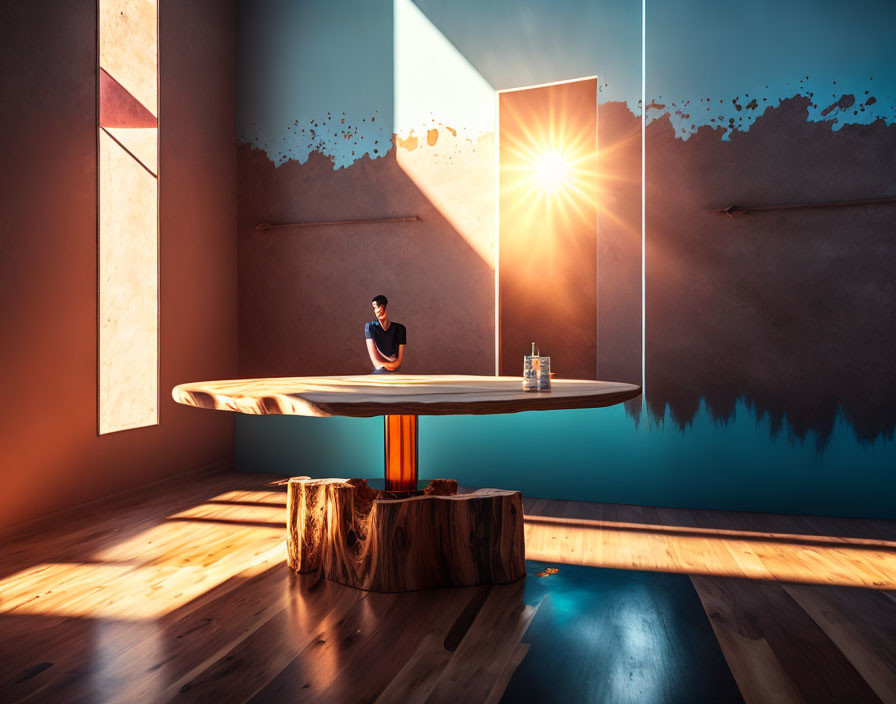 Person sitting at wooden table in dramatic sunlight against shadowed walls