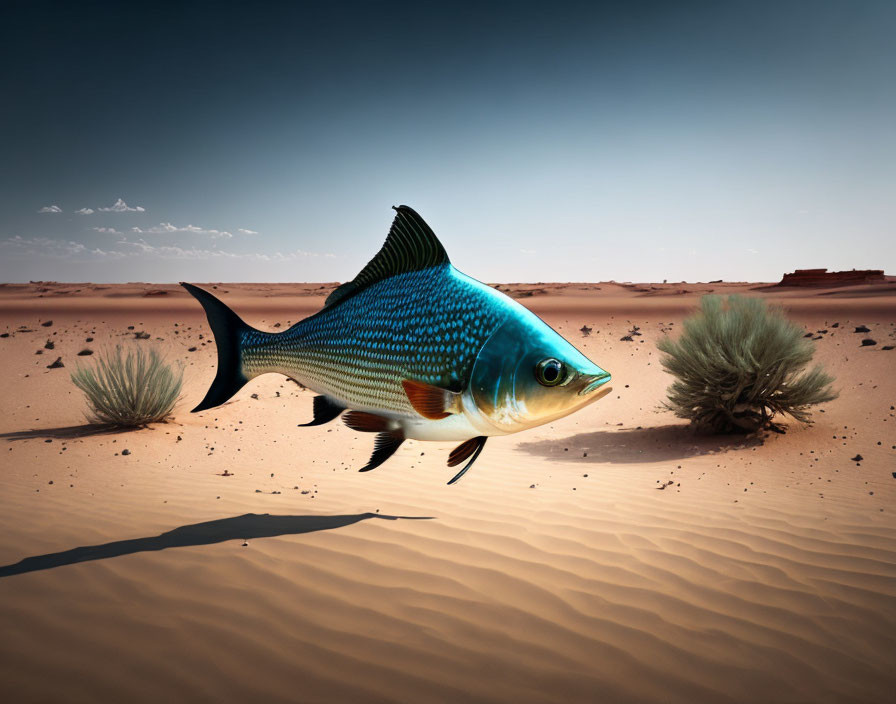 Fish swimming in desert landscape under clear blue sky