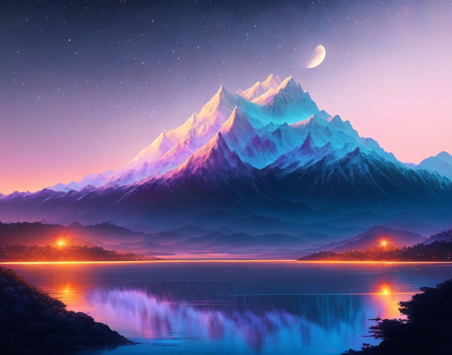 Snow-capped mountain range under vibrant purple and pink sky