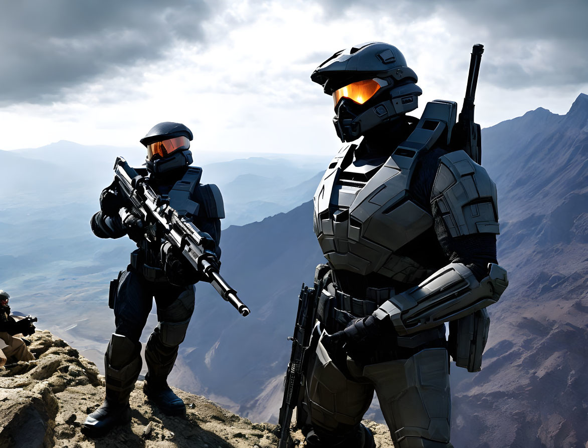 Futuristic soldiers in armored suits on mountainous terrain