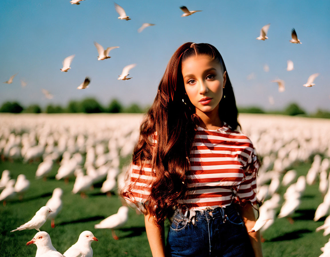 Woman in Striped Top in Field with Flying Birds and Blue Sky