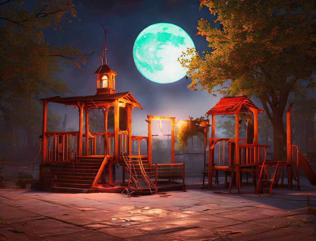 Whimsical wooden playground under large green moon