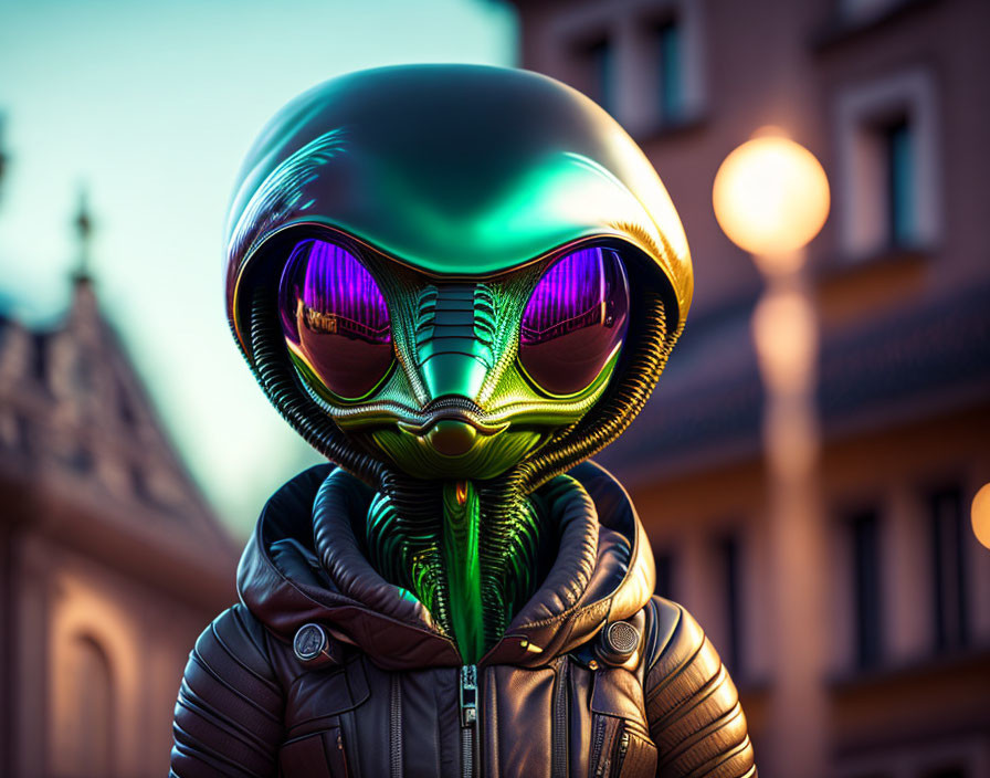 Reflective green alien-like helmet on humanoid figure in quilted jacket at dusk