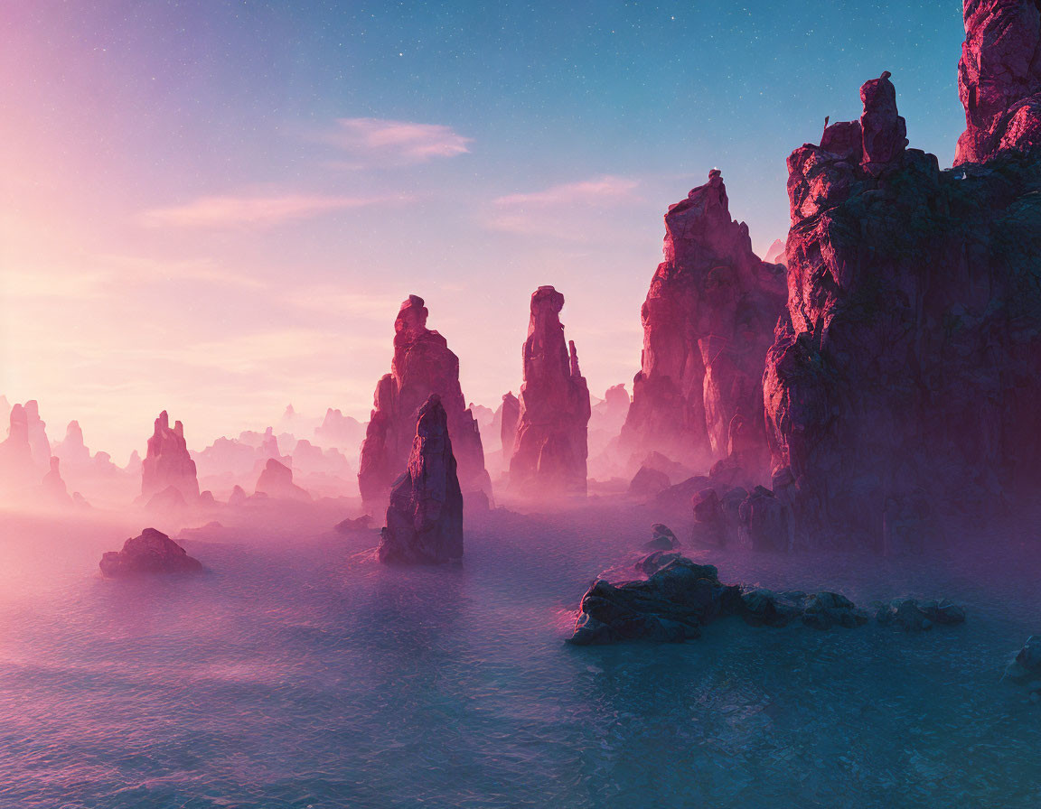 Alien landscape with misty rock formations under pink and blue sky