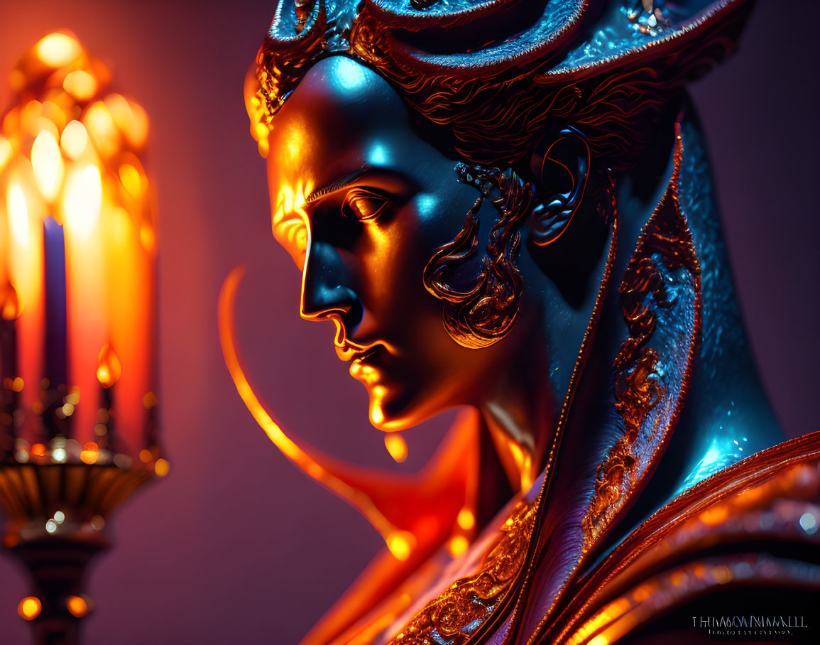 Classical figure metallic statue with intricate details under warm lantern light