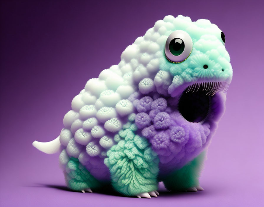 Fluffy white and turquoise creature with large eyes on purple background