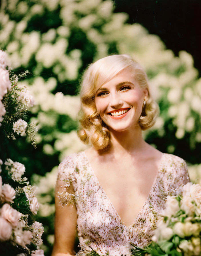 Blonde Woman in Floral Dress Surrounded by Blooming Flowers