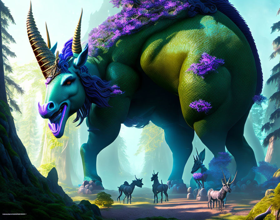 Colossal blue unicorn surrounded by smaller unicorns in enchanting forest