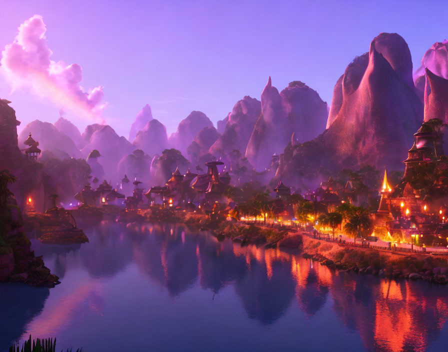 Fantasy landscape: Asian village, mountains, river, purple hues