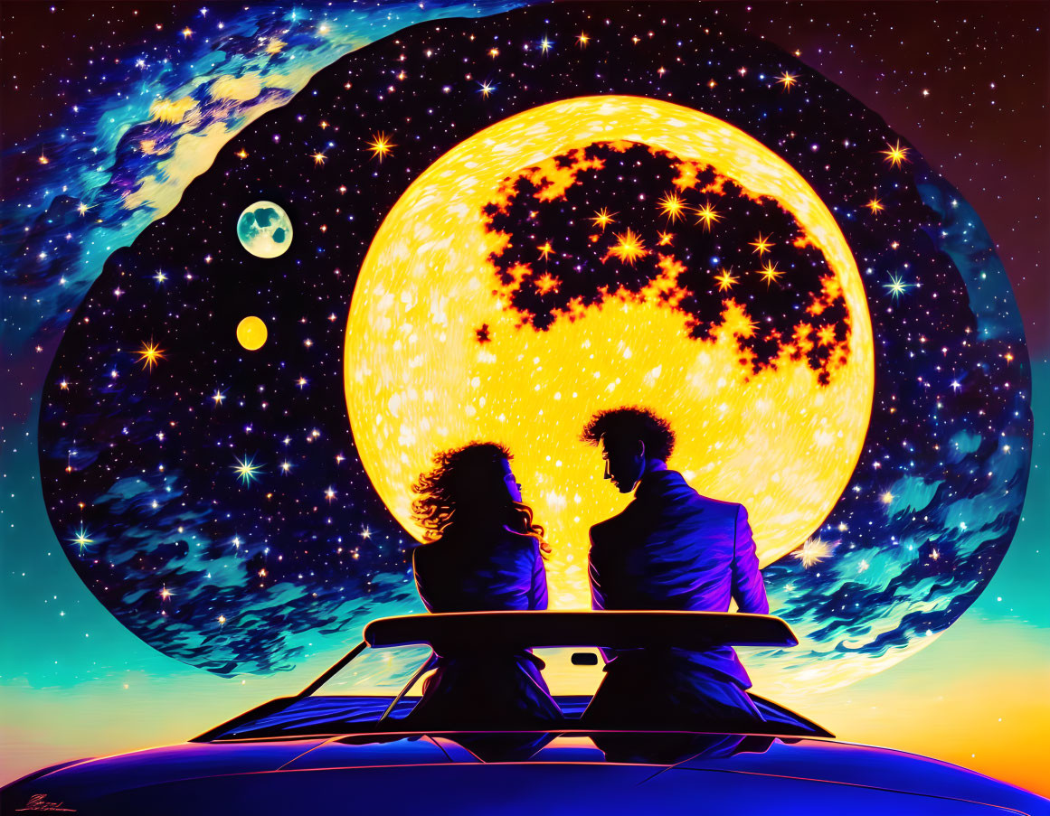 Couple sitting on car hood under starry sky with moon and planets