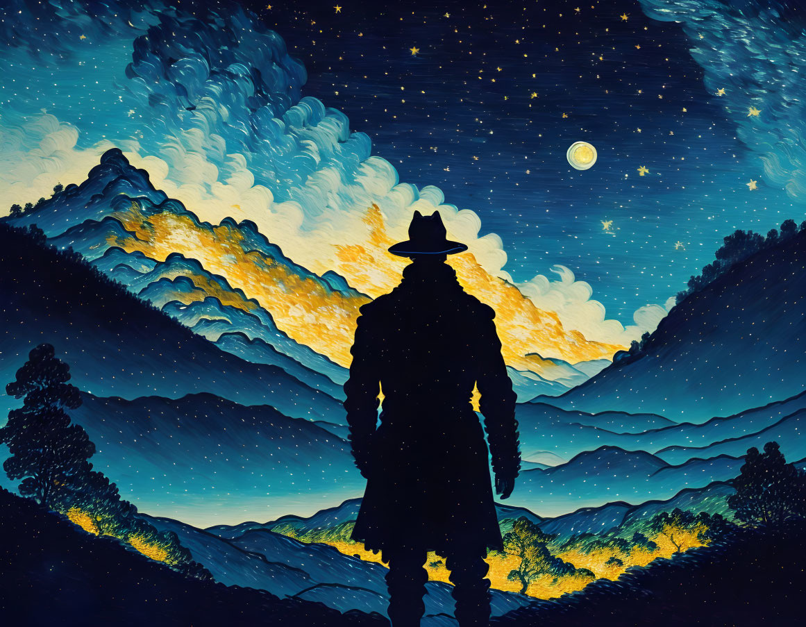 Person in Hat Silhouette Against Starry Night Sky and Mountains