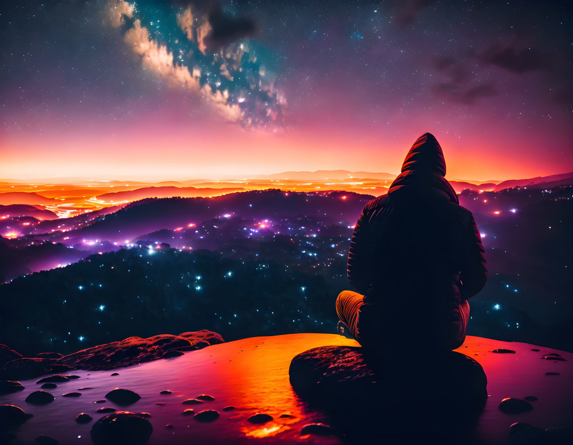 Person sitting on rocky ground under vibrant night sky with stars and illuminated valleys in deep blues to fiery red